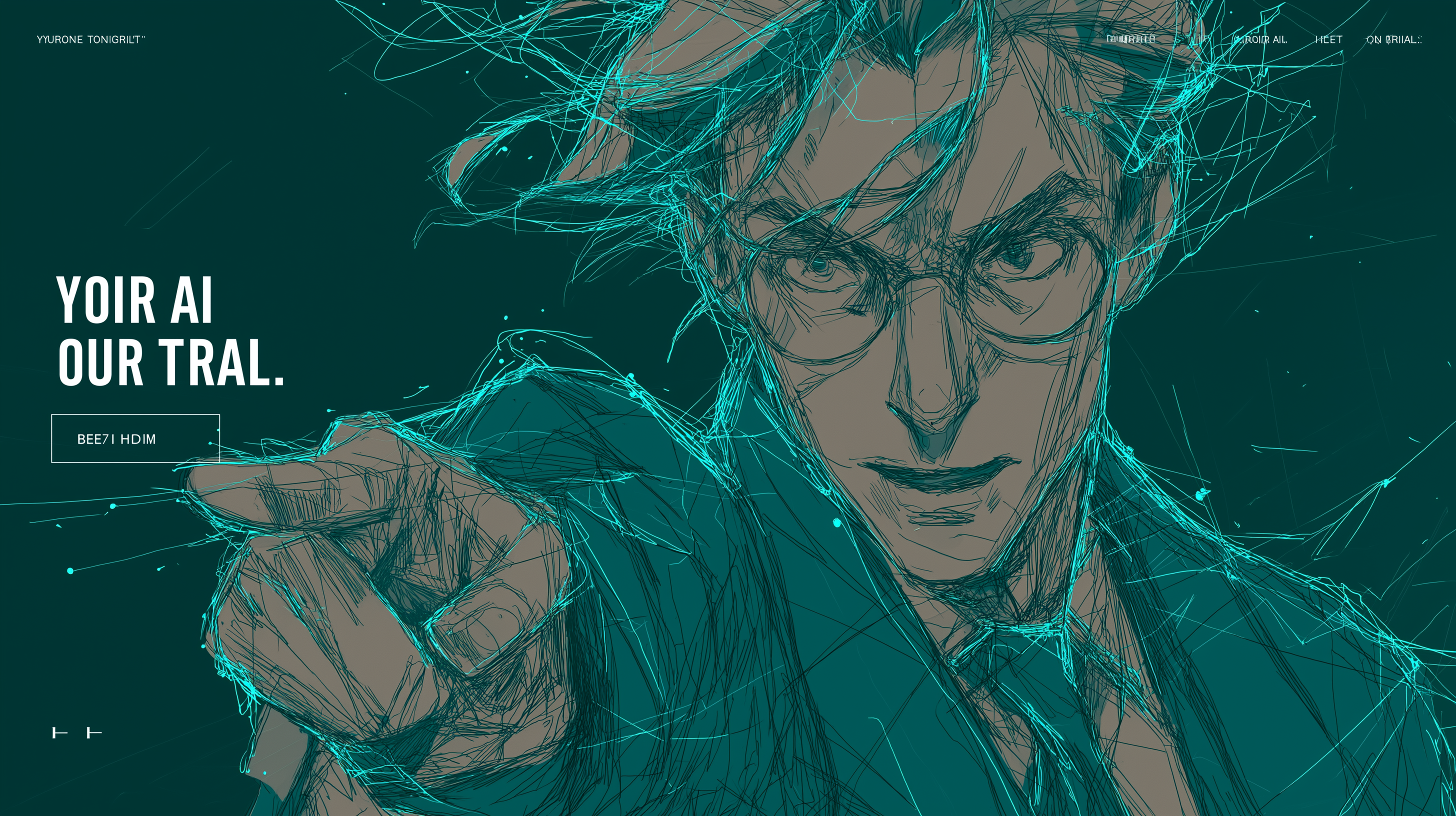 Teal wireframe AI attorney in dramatic pointing pose